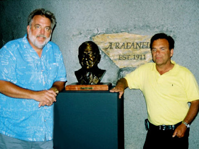 Sculptor Ed Voelkel with Dave Rafanelli and bronze portrait of his father Americo.